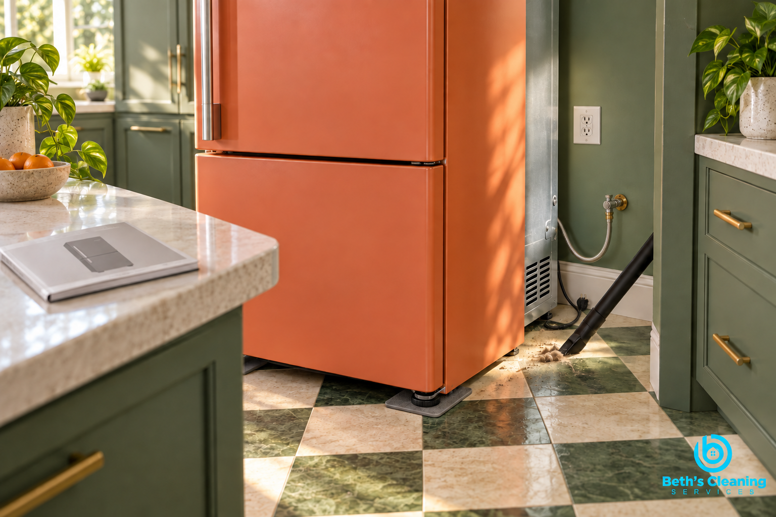 Unplugged coral refrigerator pulled straight forward for safe cleaning behind it
