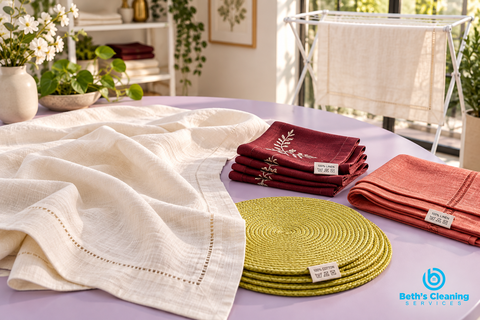 Ivory tablecloth and colorful table linens sorted by care label for safe washing