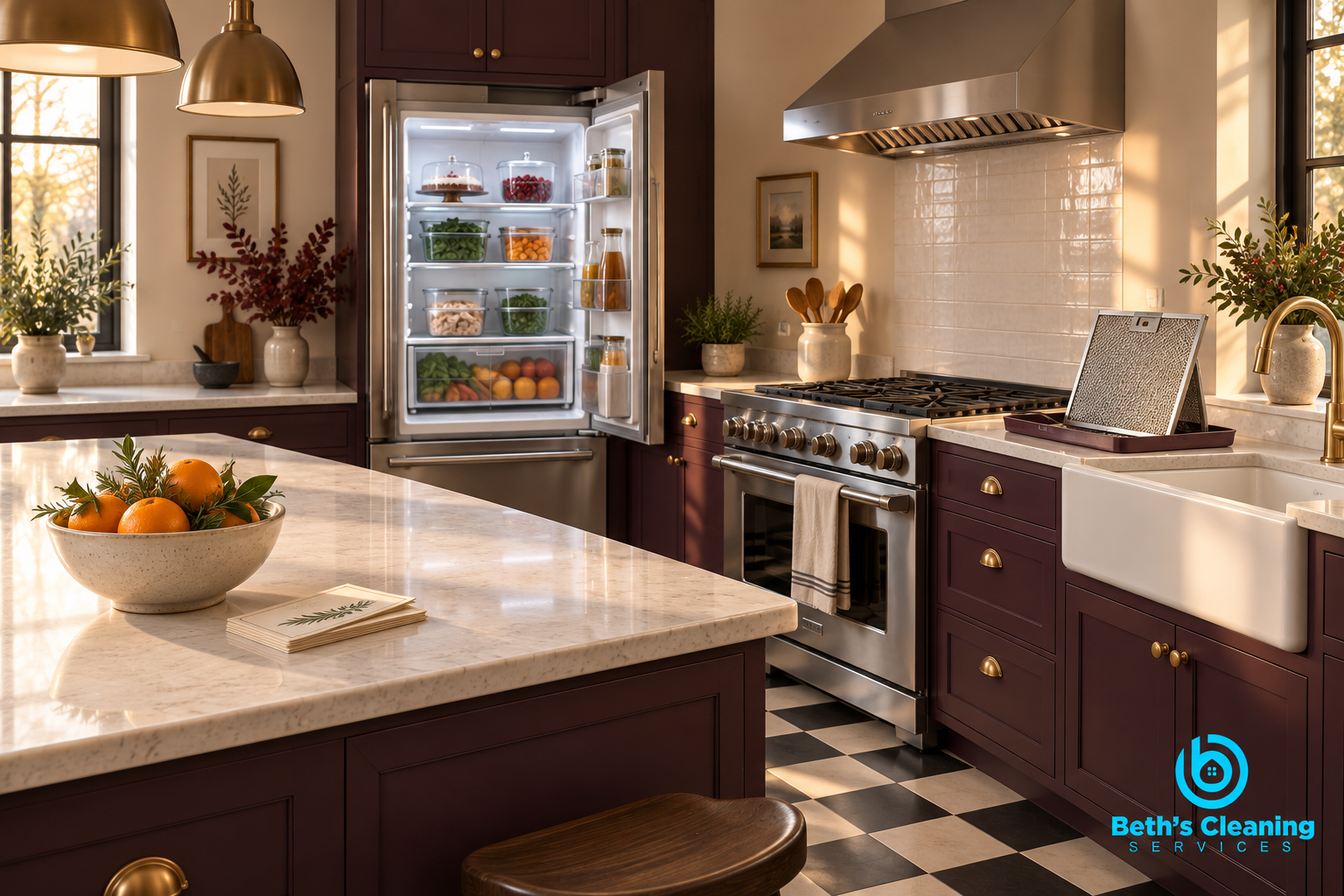 Organized aubergine kitchen ready for holiday cooking with an open refrigerator and range hood filter