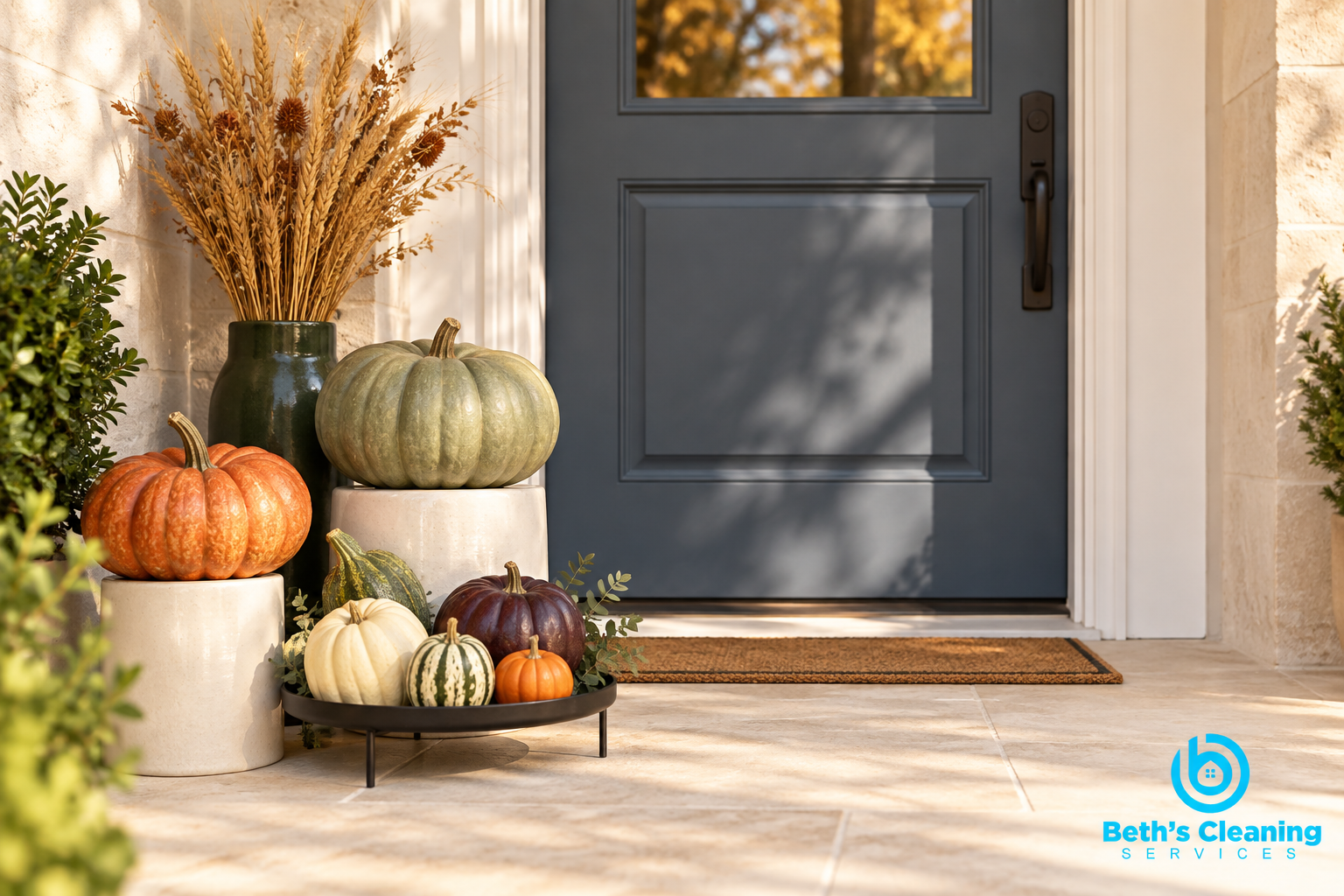 Fall display of intact heirloom pumpkins at a clean slate-blue front door