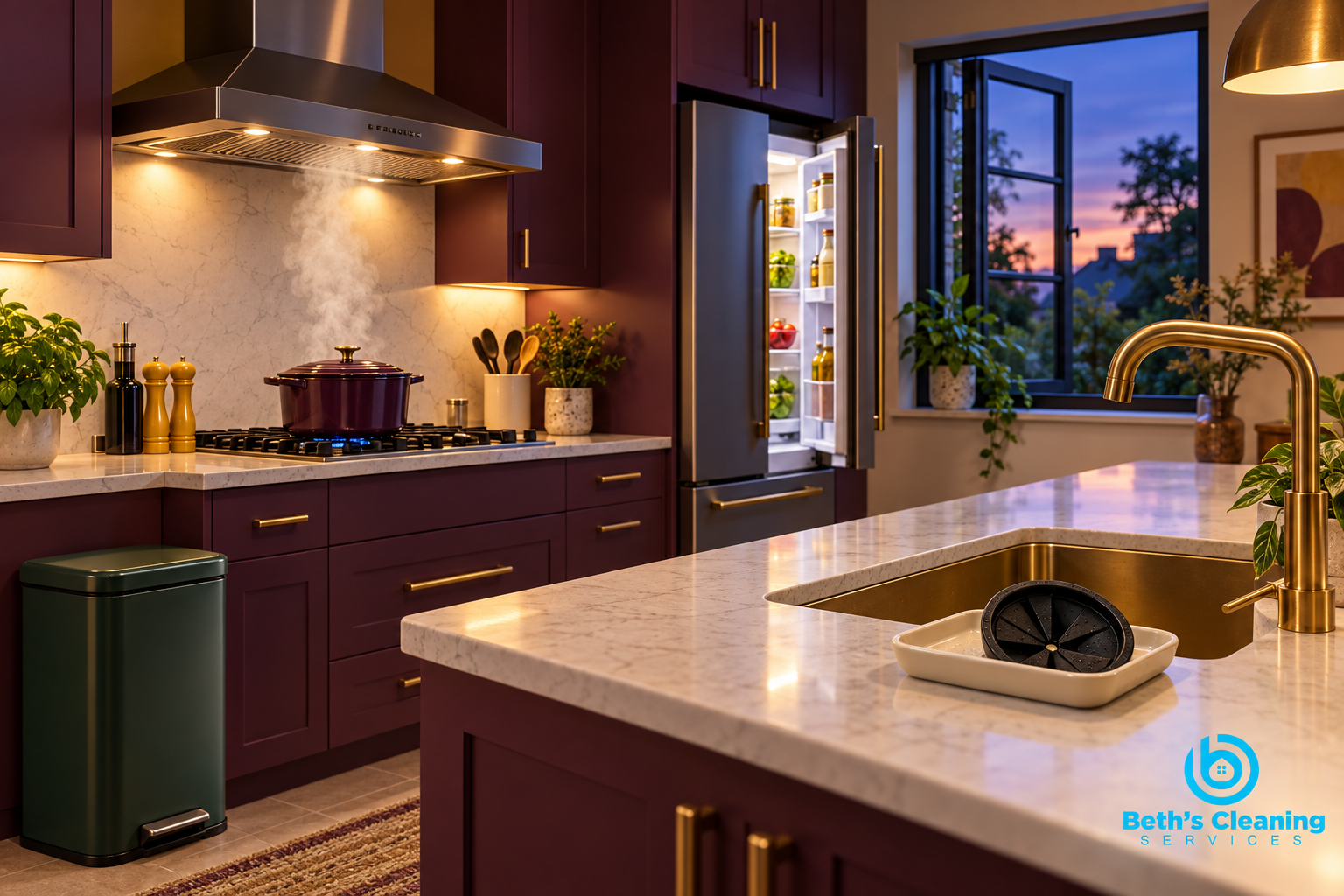 Ventilated plum kitchen with clean refrigerator, trash bin, sink baffle, and range hood