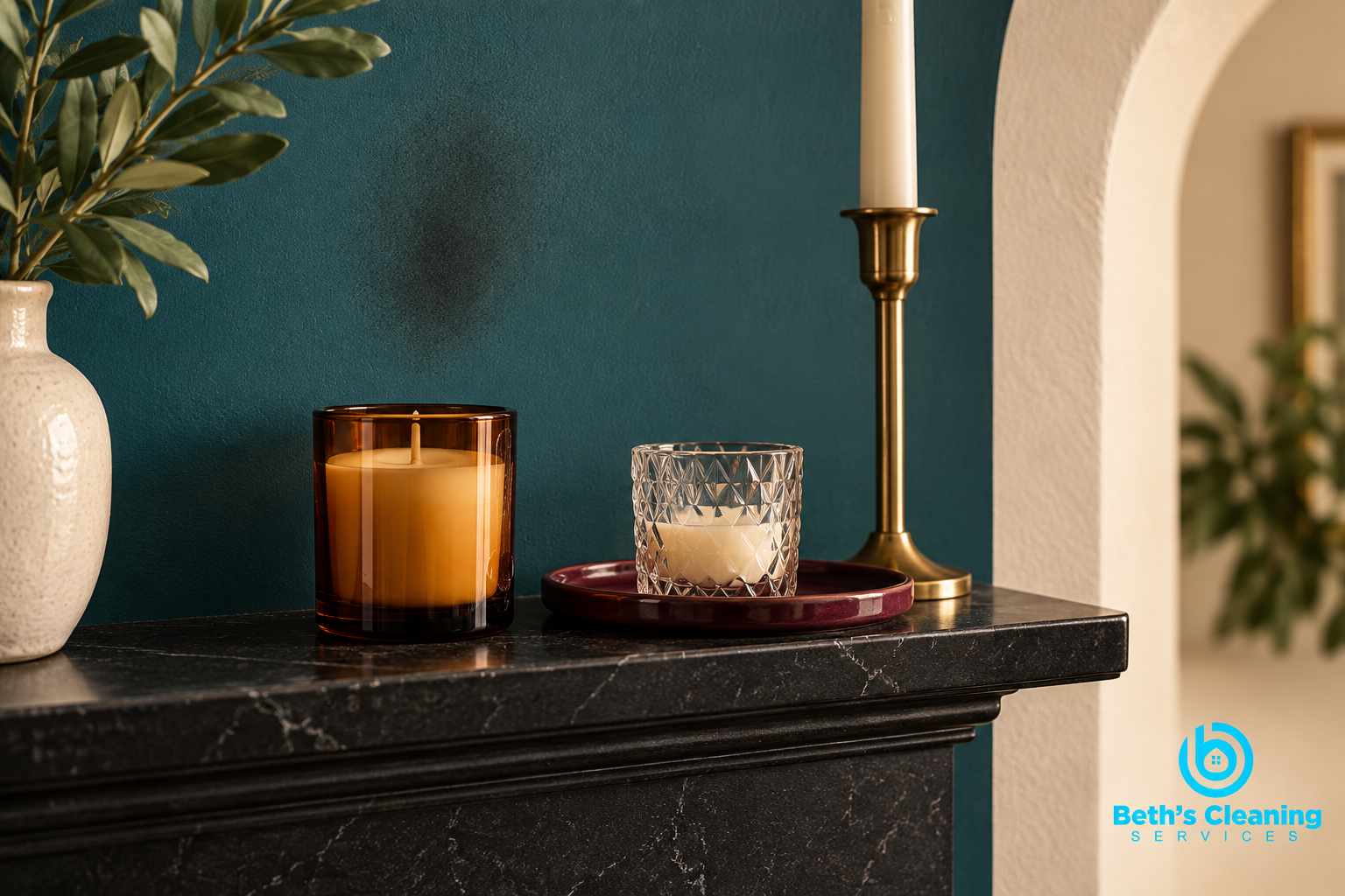 Unlit candles and a glass holder with cooled wax below a soot-marked teal wall