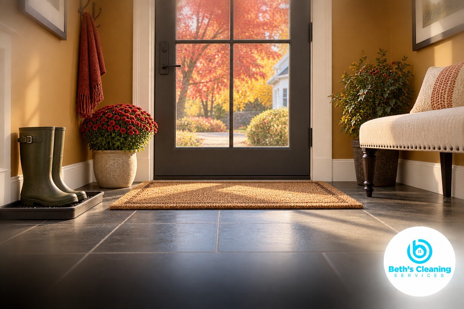 Tidy fall entryway with rain boots, a clean mat, and autumn foliage beyond the glass door