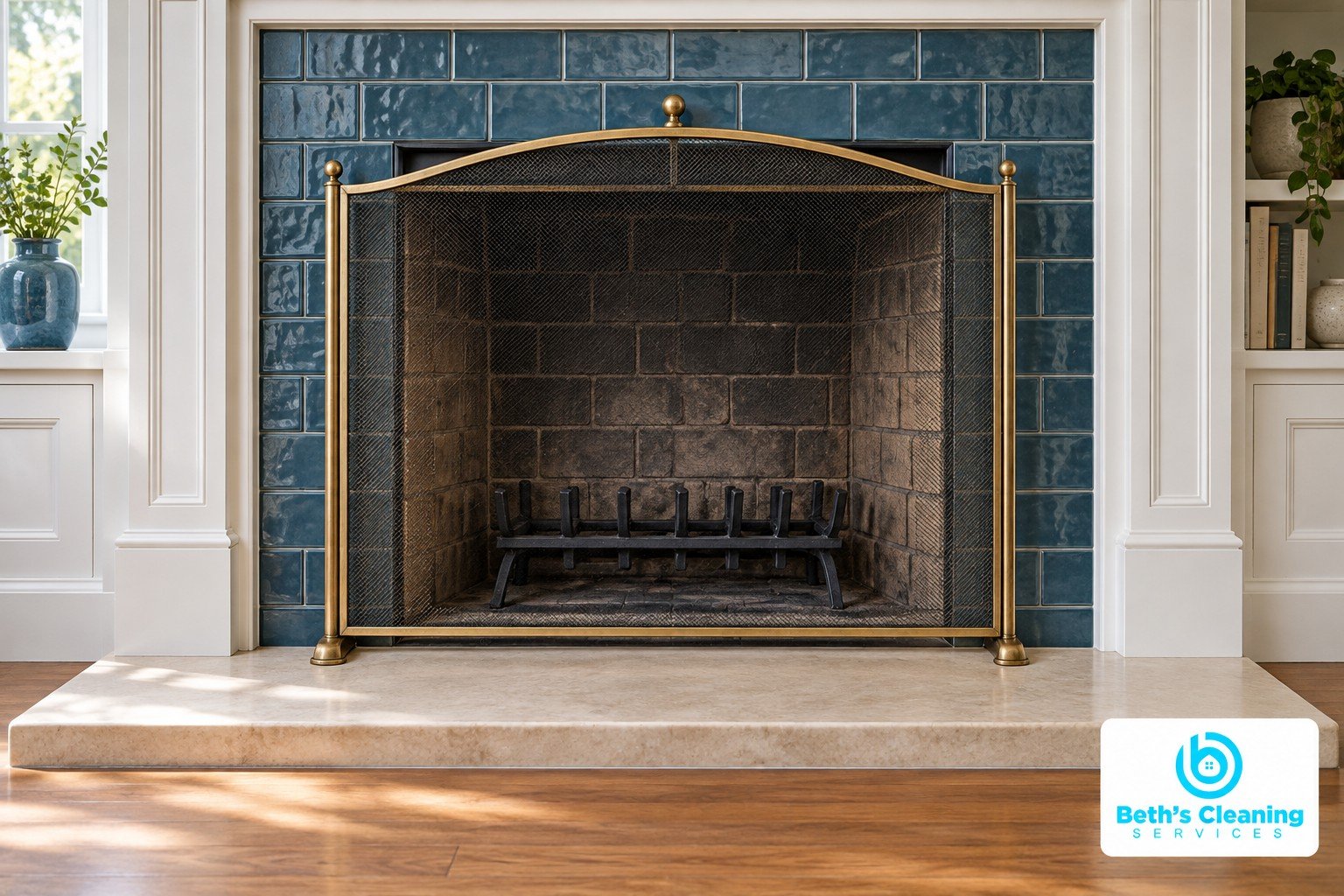Unlit masonry fireplace with a brass mesh screen, blue tile surround, and clear stone hearth