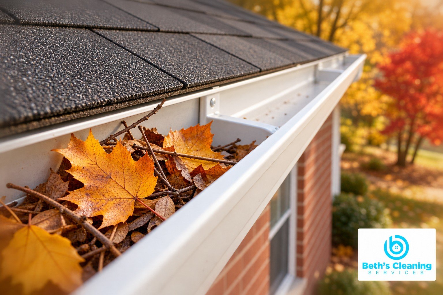 Amber leaves and twigs in a white rain gutter before fall gutter cleaning