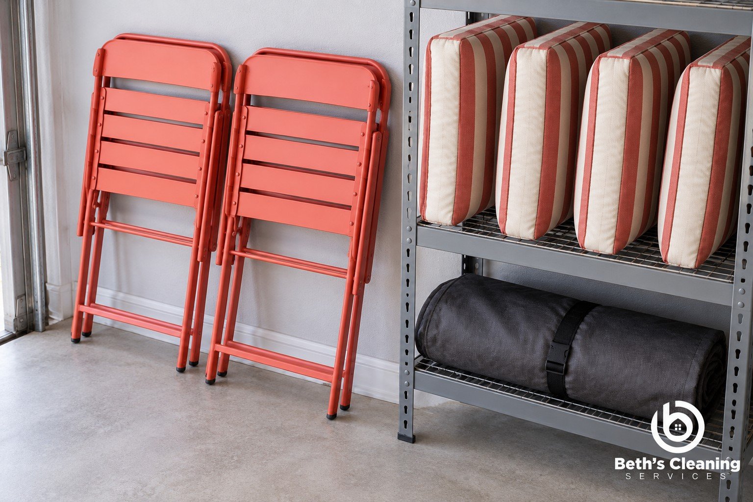 Folded coral patio chairs and dry striped cushions arranged on shelving for winter storage