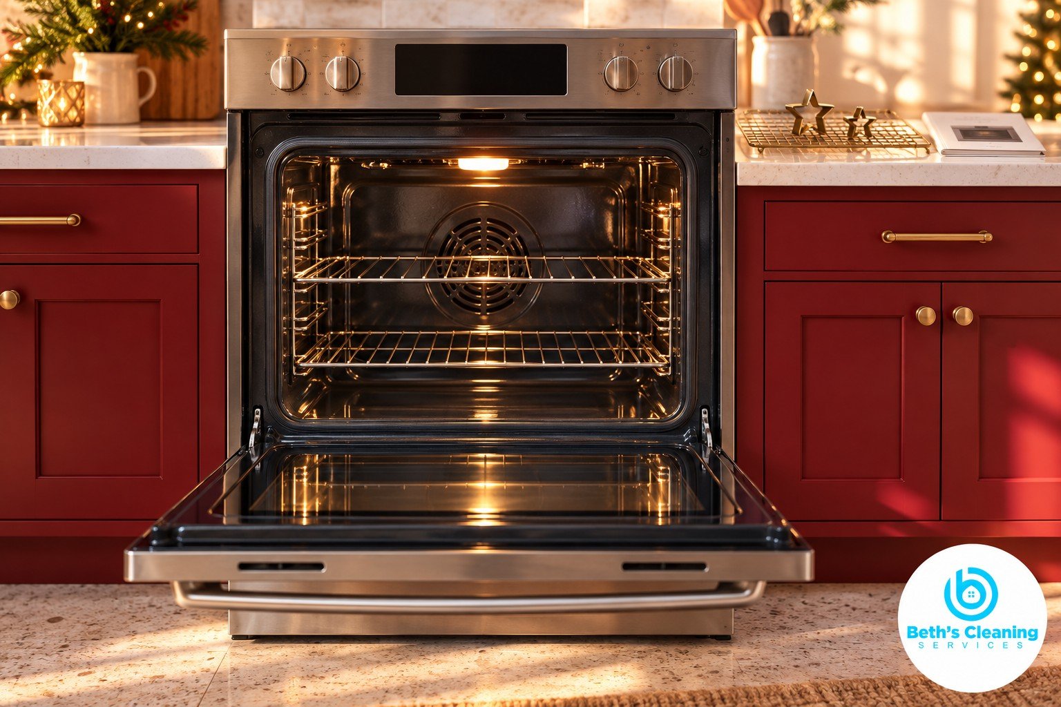 Clean stainless steel oven open in a kitchen with cranberry cabinets