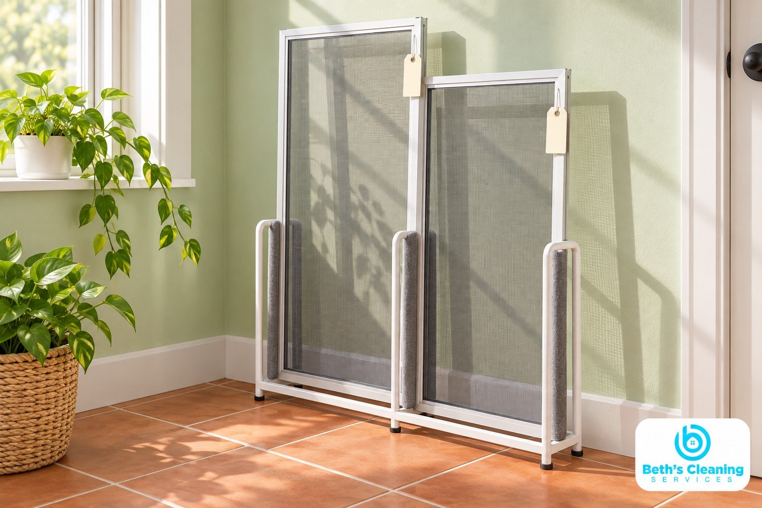 Clean window screens stored upright in a padded rack against a pale green wall