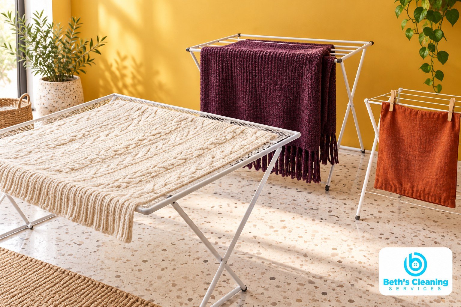Cream, plum, and rust textiles drying on white racks in a sunny room